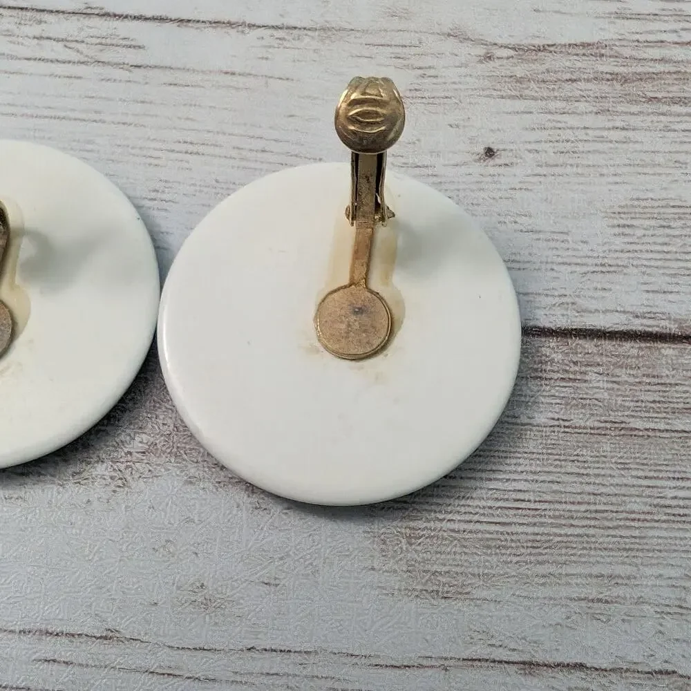 Vintage Clip On Earrings Large Cream & Blue Statement Circle